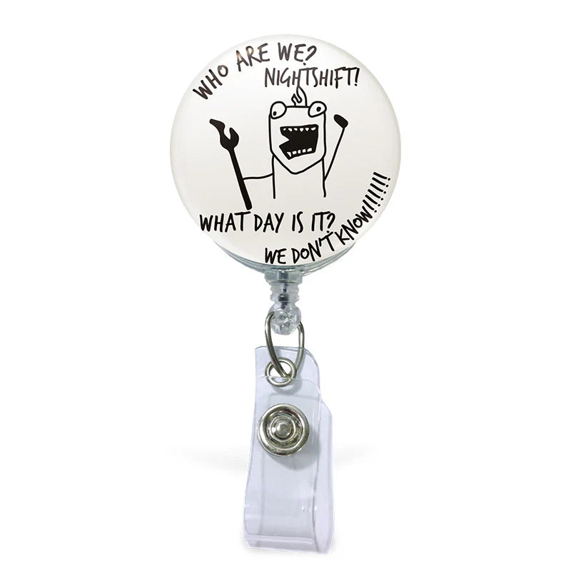 Confused Night Shift Button ID Badge Reel