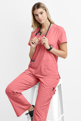 Koi Basics Becca Women's 4-Pocket Stretch Scrub Top Heather Soft Pink
